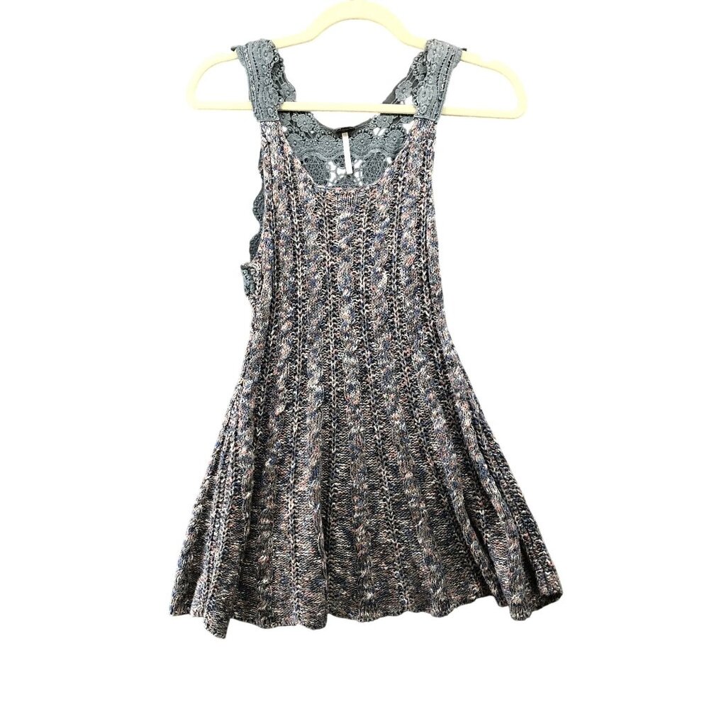 Free People Knit Tank Top Womens XS Sweater Crochet Marled Gray Blue Tunic